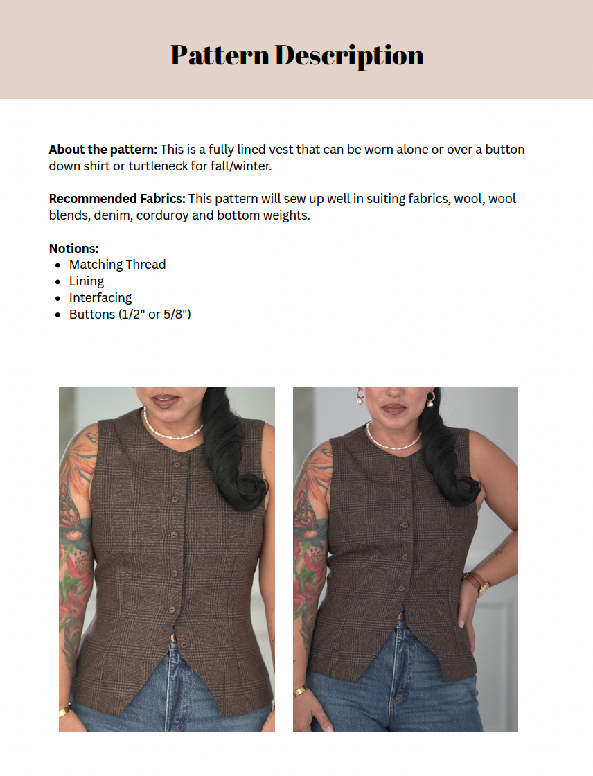 PDF Pattern: Fully Lined Vest (Sew Along Included)